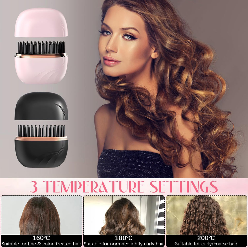 Mini Hair Straightener,Cordless&Rechargeable Portable Hair Straightener Brush with 3 Temperature Setting,Portable Electric Hair Brush 30S Heating,Mini Straightening Brush for Home & Travel (Black)