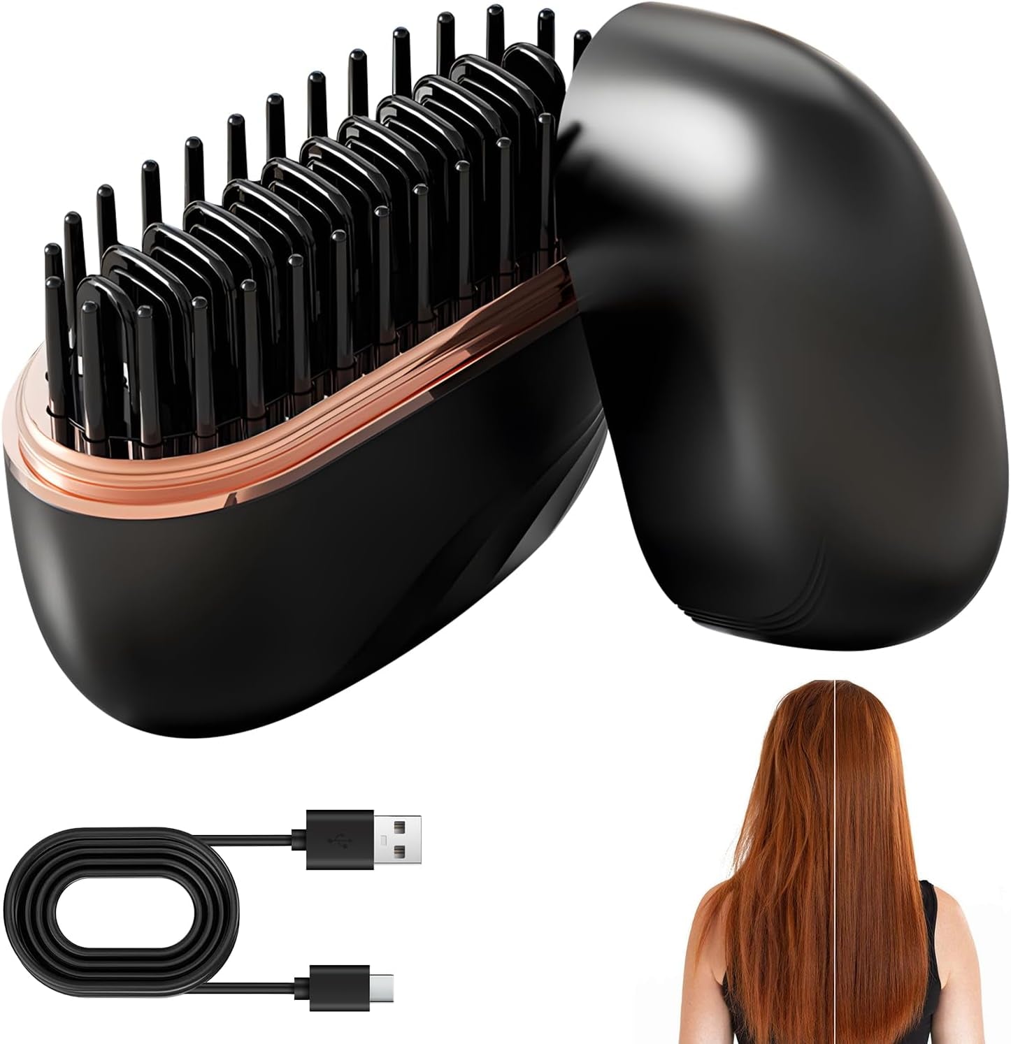 Mini Hair Straightener,Cordless&Rechargeable Portable Hair Straightener Brush with 3 Temperature Setting,Portable Electric Hair Brush 30S Heating,Mini Straightening Brush for Home & Travel (Black)