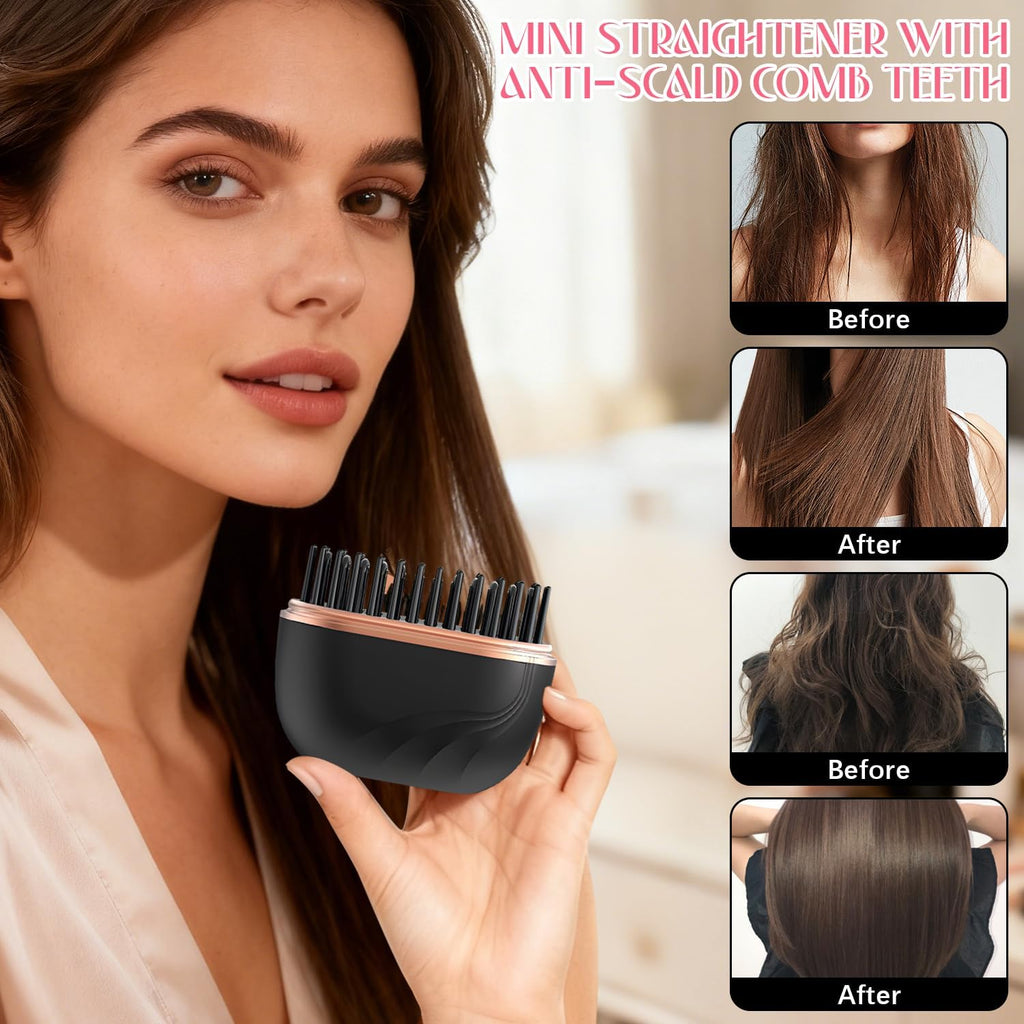 Mini Hair Straightener,Cordless&Rechargeable Portable Hair Straightener Brush with 3 Temperature Setting,Portable Electric Hair Brush 30S Heating,Mini Straightening Brush for Home & Travel (Black)